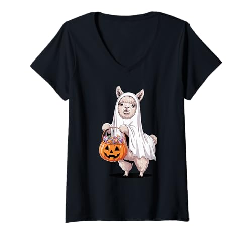 Damen Halloween Alpaka Geist Kürbis Süßes Oder Saures Süßigkeiten T-Shirt mit V-Ausschnitt Damen Halloween Alpaka Geist Kürbis Süßes Oder Saures Süßigkeiten T-Shirt mit V-Ausschnitt von Alpaca Lover Gifts