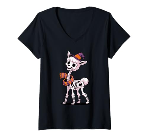 Damen Halloween Alpaka Skelett Gruselig Hexenhut T-Shirt mit V-Ausschnitt von Alpaca Lover Gifts