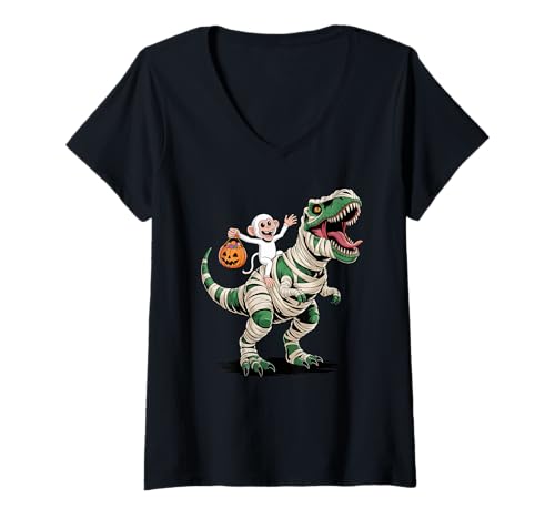 Damen Halloween T-Rex Dinosaurier AFFE Mumie Tyrannosaurus Rex T-Shirt mit V-Ausschnitt von Alpaca Lover Gifts