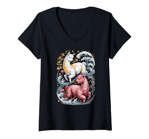 Damen Japanische Kunst Alpaka Gut Schlecht Alpakas T-Shirt mit V-Ausschnitt Damen Japanische Kunst Alpaka Gut Schlecht Alpakas T-Shirt mit V-Ausschnitt von Alpaca Lover Gifts
