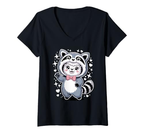 Damen Kawaii Alpaka Waschbär Kostüm Alpakas T-Shirt mit V-Ausschnitt von Alpaca Lover Gifts