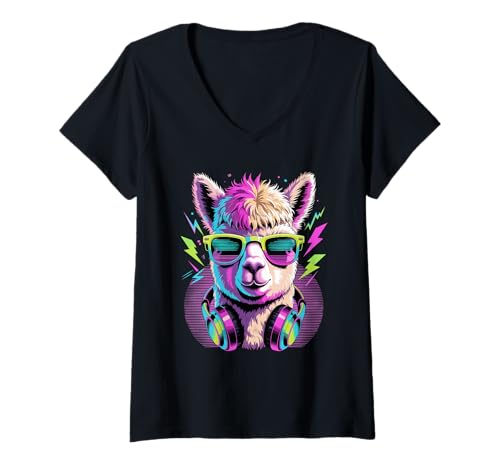 Damen Punk Ära Stil Alpaka Sonnenbrille Alpakas T-Shirt mit V-Ausschnitt Damen Punk Ära Stil Alpaka Sonnenbrille Alpakas T-Shirt mit V-Ausschnitt von Alpaca Lover Gifts