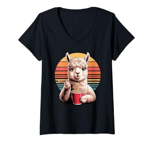 Damen Retro Alpaka Instant-Nudelbecher Alpakas T-Shirt mit V-Ausschnitt von Alpaca Lover Gifts