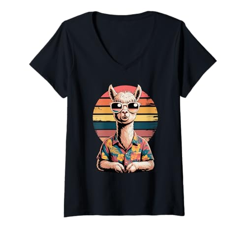 Damen Retro Alpaka Sonnenbrille Hawaiianischer Strand Sommerurlaub T-Shirt mit V-Ausschnitt Damen Retro Alpaka Sonnenbrille Hawaiianischer Strand Sommerurlaub T-Shirt mit V-Ausschnitt von Alpaca Lover Gifts