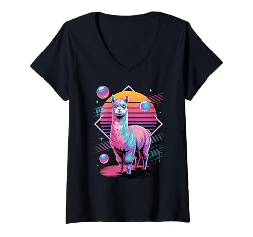 Damen Retro Alpaka Synthwave Alpakas T-Shirt mit V-Ausschnitt Damen Retro Alpaka Synthwave Alpakas T-Shirt mit V-Ausschnitt von Alpaca Lover Gifts