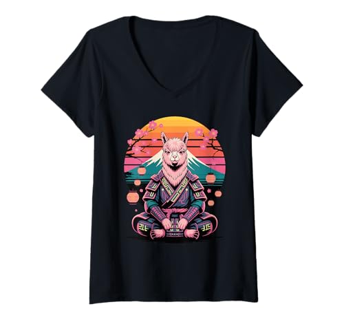 Damen Retro Samurai Alpaka Alpakas T-Shirt mit V-Ausschnitt von Alpaca Lover Gifts