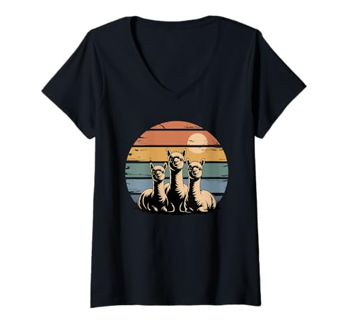 Damen Retro Sonnenuntergang Alpakas Silhouette Alpaka T-Shirt mit V-Ausschnitt von Alpaca Lover Gifts