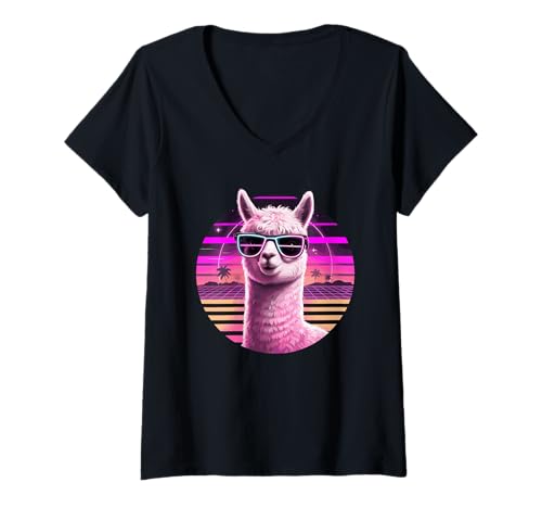 Damen Retro Synthwave Alpaka Sonnenbrille Alpakas T-Shirt mit V-Ausschnitt Damen Retro Synthwave Alpaka Sonnenbrille Alpakas T-Shirt mit V-Ausschnitt von Alpaca Lover Gifts