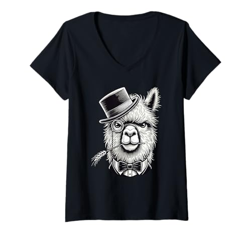 Damen Retro Vintage Alpaka Gentleman Fliege Alpakas T-Shirt mit V-Ausschnitt von Alpaca Lover Gifts