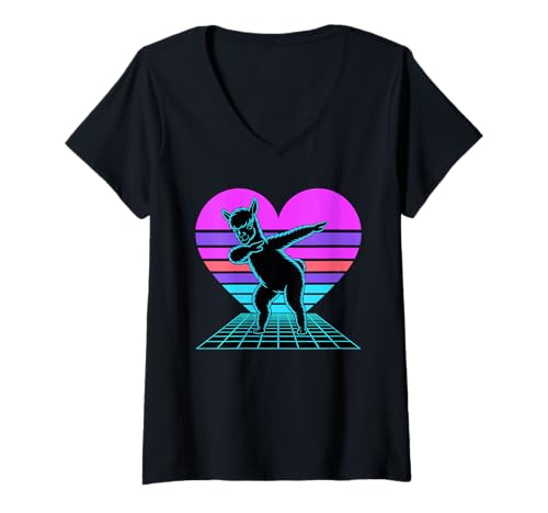 Damen Retrowave Herz Dabender Alpaka T-Shirt mit V-Ausschnitt von Alpaca Lover Gifts