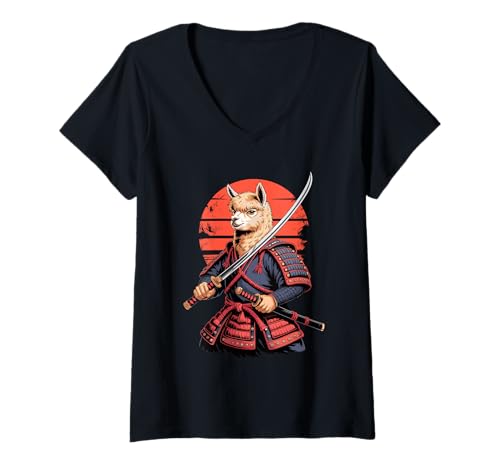 Damen Samurai Alpaka Katana Schwert Alpakas T-Shirt mit V-Ausschnitt von Alpaca Lover Gifts