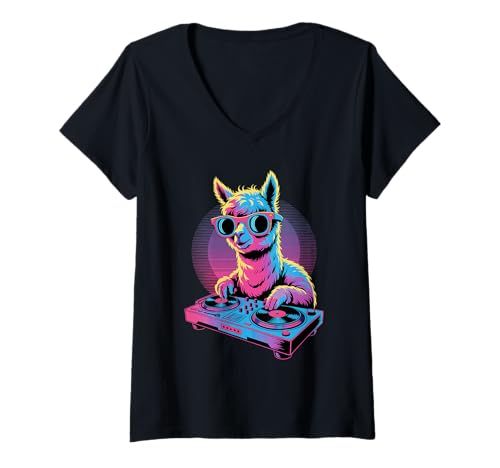 Damen Synthwave Alpaka DJ Sonnenbrille Alpakas T-Shirt mit V-Ausschnitt Damen Synthwave Alpaka DJ Sonnenbrille Alpakas T-Shirt mit V-Ausschnitt von Alpaca Lover Gifts