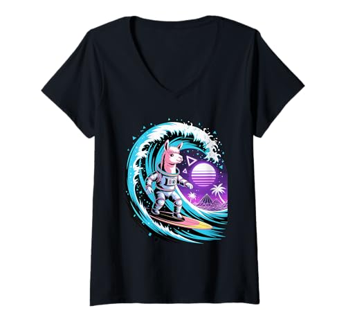 Damen Synthwave Surfer Alpaka Astronaut Alpakas T-Shirt mit V-Ausschnitt von Alpaca Lover Gifts