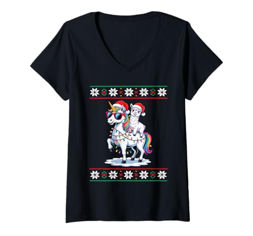 Damen Weihnachten Alpaka Einhorn Sonnenbrille Alpakas T-Shirt mit V-Ausschnitt von Alpaca Lover Gifts