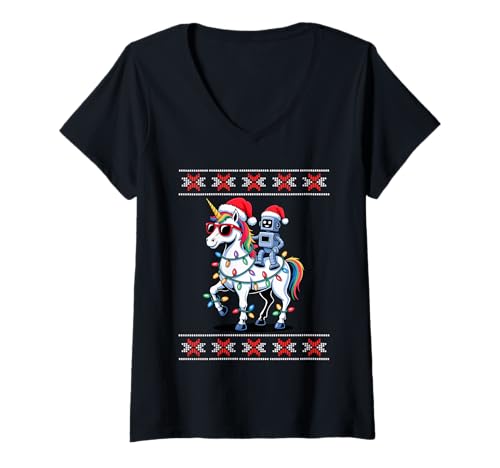 Damen Weihnachten Roboter Reitend Einhorn Sonnenbrille T-Shirt mit V-Ausschnitt Damen Weihnachten Roboter Reitend Einhorn Sonnenbrille T-Shirt mit V-Ausschnitt von Alpaca Lover Gifts