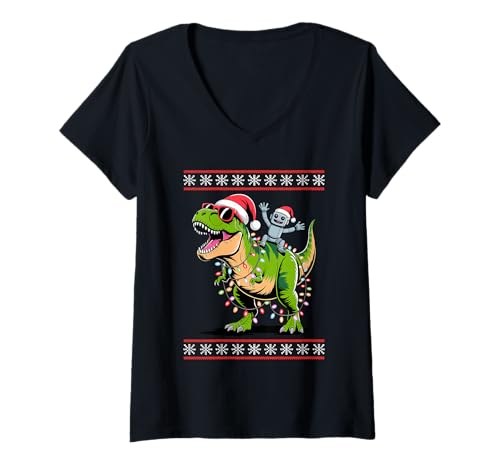 Damen Weihnachten Roboter Reitend T-Rex Dinosaurier Sonnenbrille T-Shirt mit V-Ausschnitt von Alpaca Lover Gifts