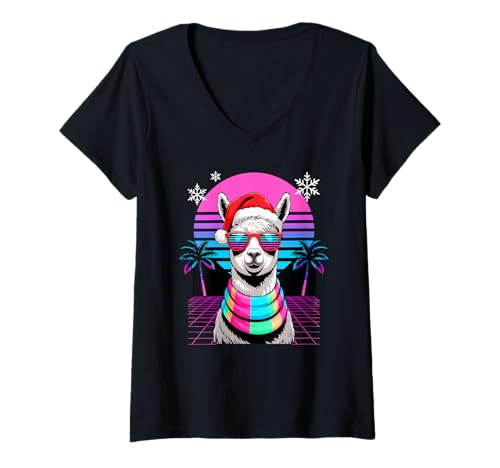 Damen Weihnachten Synthwave Alpaka Sonnenbrille Alpakas T-Shirt mit V-Ausschnitt von Alpaca Lover Gifts