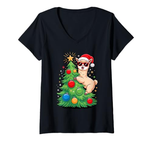 Damen Weihnachtsbaum Alpaka Sonnenbrille Alpakas T-Shirt mit V-Ausschnitt Damen Weihnachtsbaum Alpaka Sonnenbrille Alpakas T-Shirt mit V-Ausschnitt von Alpaca Lover Gifts