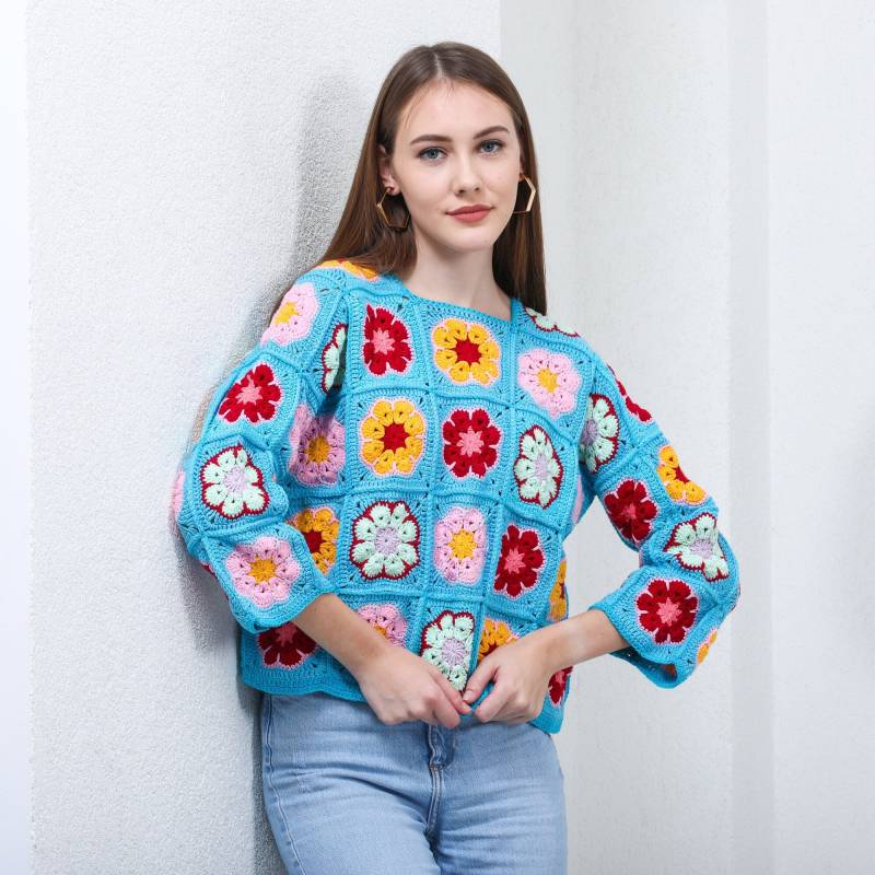 Blauer Häkelpullover, Gestricktes Daisy Top, Strickpullover Mit Blumenmuster, Häkelpullover Für Frauen, Patchwork-Strickpullover, Handgemachter von AlpacaKnitted