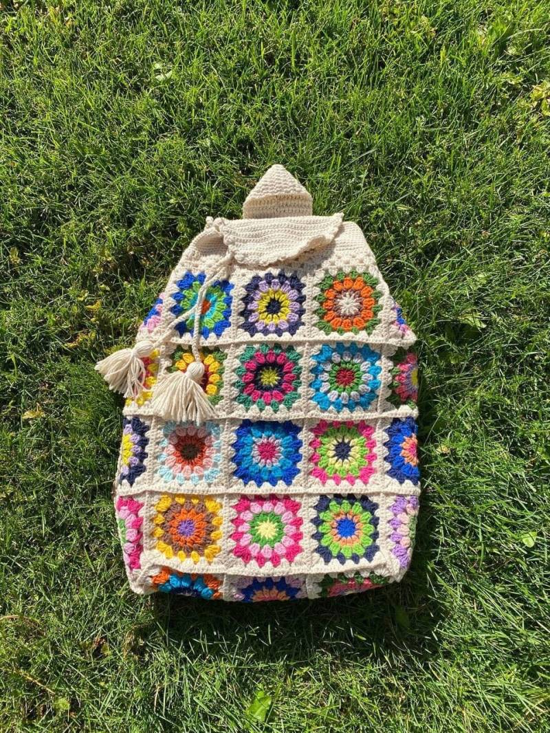 Gehäkelte Schultasche, Häkeln Rucksack, Oma Quadrat Ecru Tasche, Stricken Hobo Boho Gehäkelte Geldbörse, Hippie Afgan von AlpacaKnitted