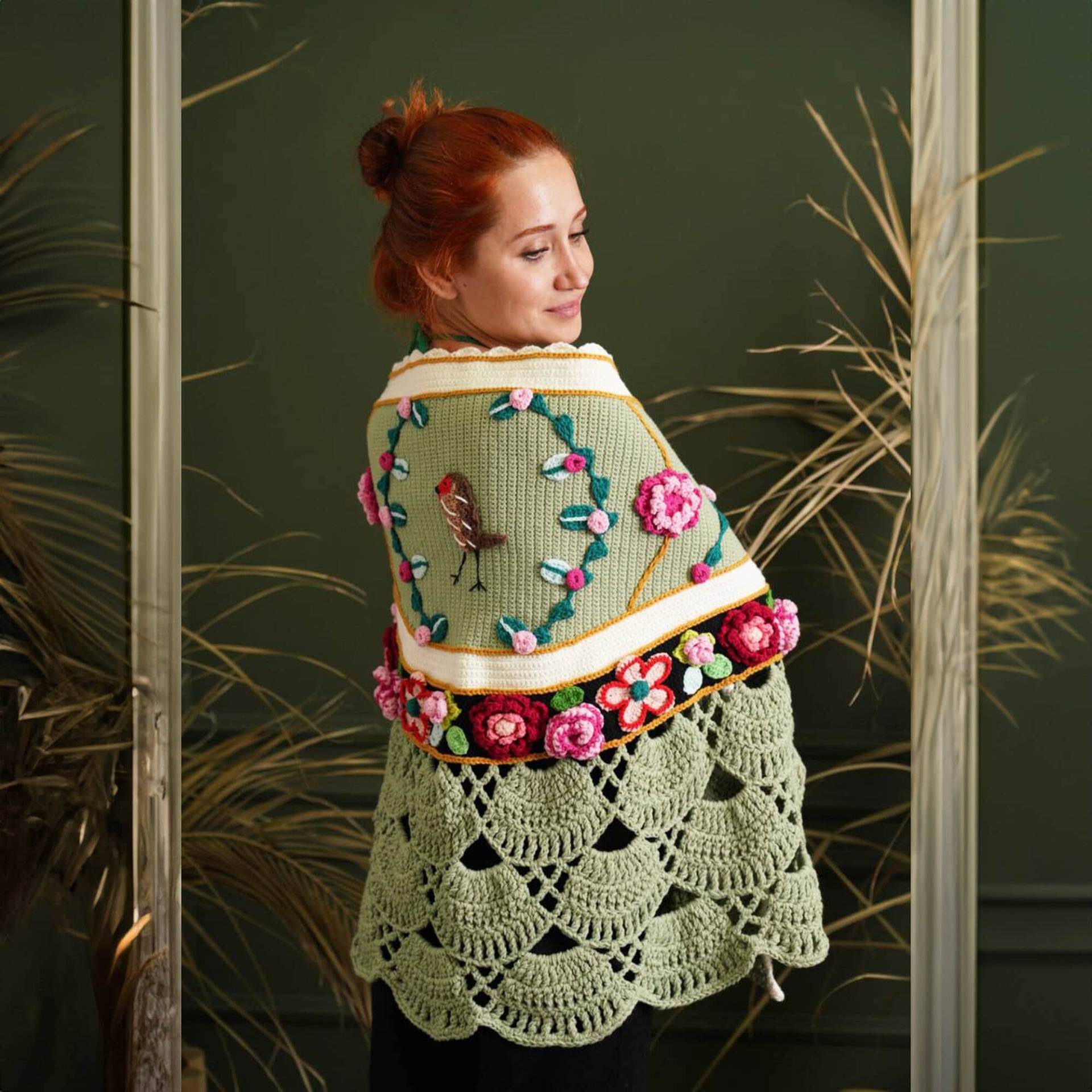 Grüne 3D Blumen Häkelschal, Gestrickte Vogelschal, Frauen Stricken Baumwollschal, Baumwolle Wrap, Frau Gestrickt Schal, Häkeln Wrap von AlpacaKnitted