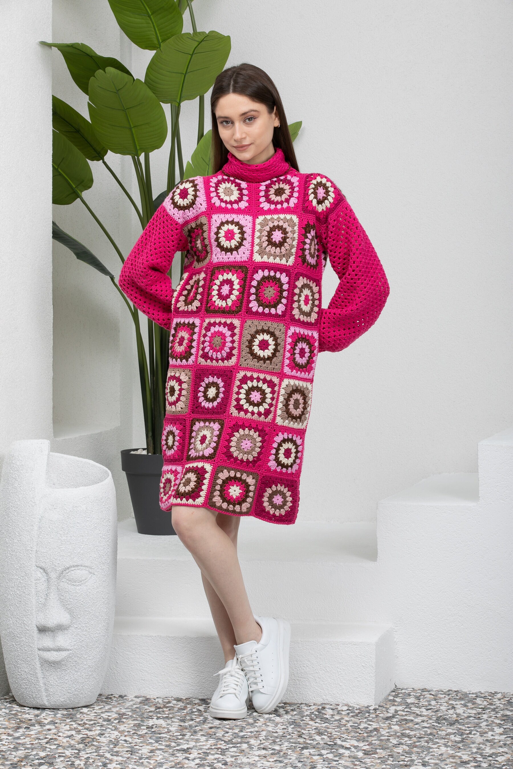 Rosa Oma Quadrat Patchwork Langes Kleid, Gestricktes Trägerkleid Häkeln, Rollkragen Strickkleid, Frau Gestrickte Kleidung, Baumwollkleider von AlpacaKnitted