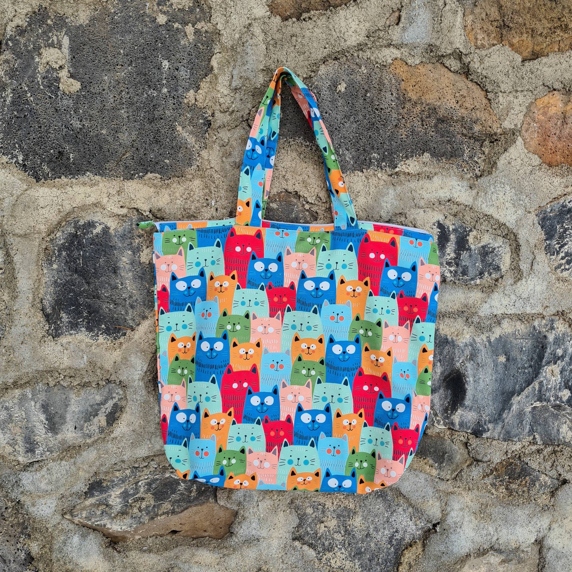 Stoff Umhängetasche, Hobo Tasche, Einkaufstasche, Süße Stoffkatze Katzen Print Schultertasche, Cat Design Geldbörse von AlpacaKnitted