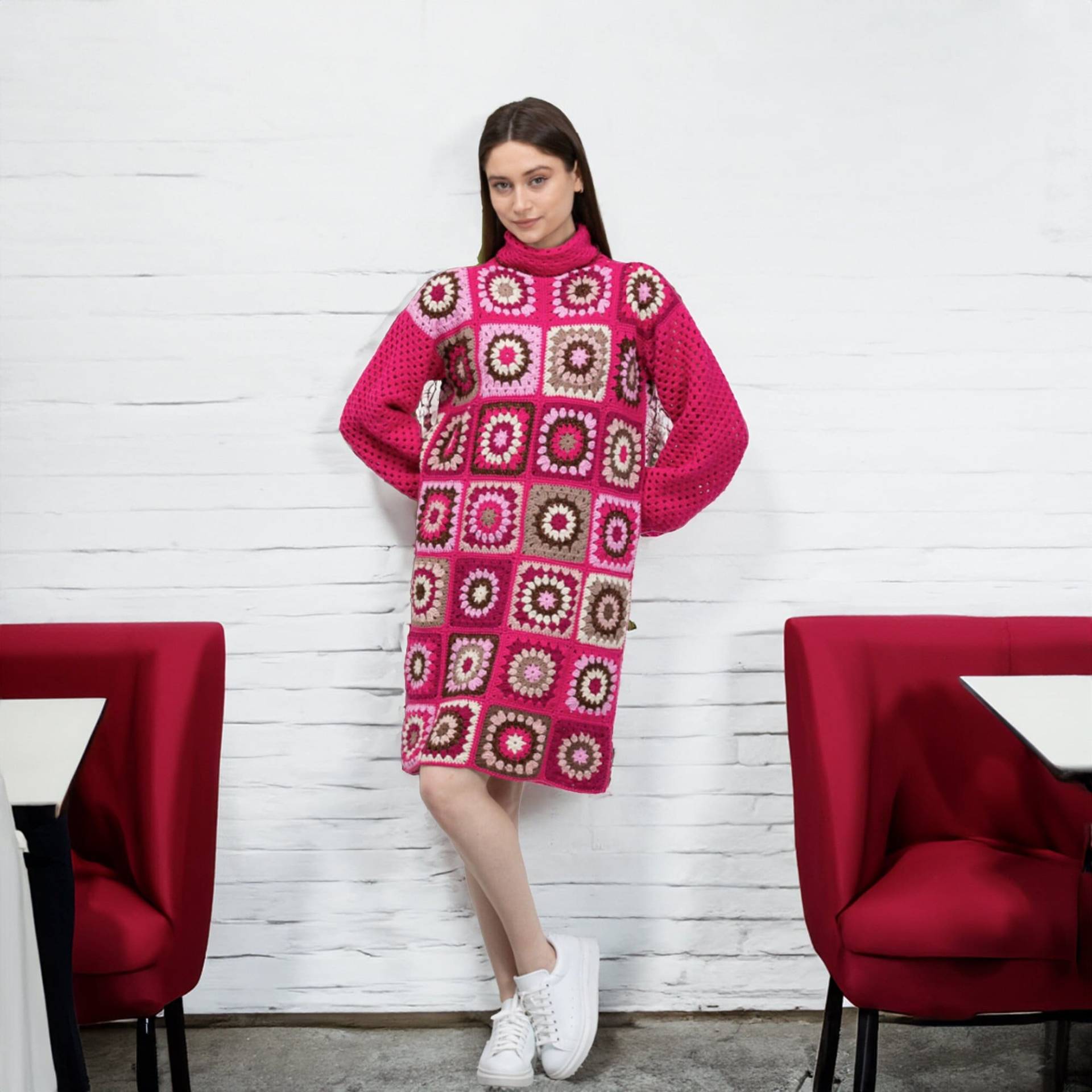 Versandfertig Rosa Oma Quadrat Patchwork Langes Kleid, Gestrickte Tank Kleid Häkeln, Rollkragen Strickkleid, Frau Kleidung Zu Versenden von AlpacaKnitted