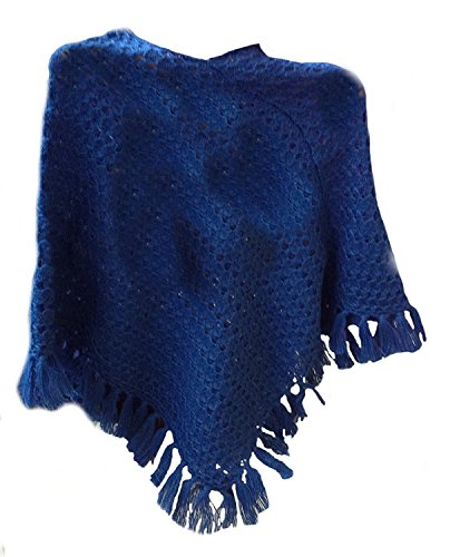 Alpacaandmore Blauer Damen Poncho Cape Umhang mit Fransen Baby Alpakawolle von Alpacaandmore