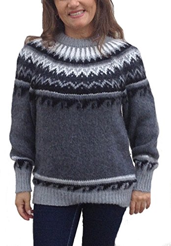 Alpacaandmore Grauer Damen Rundhals Pullover Strickpullover Norweger Stil Alpakawolle (XL) von Alpacaandmore
