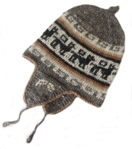 Alpacaandmore Traditionelle Unisex Chullo Mütze Strickmütze naturbelassene Alpakawolle handgestrickt (grau/beige) von Alpacaandmore