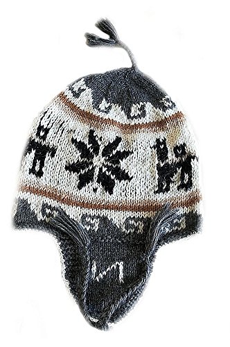 Alpacaandmore Traditionelle Unisex grau/weiß/Schwarze Chullo Mütze Strickmütze naturbelassene Alpakawolle handgestrickt von Alpacaandmore