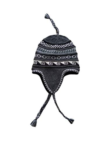 Alpacaandmore Unisex Chullo Mütze Strickmütze Alpakawolle dick gestrickt grau mit Vlies gefüttert Inka Muster Einheitsgröße von Alpacaandmore