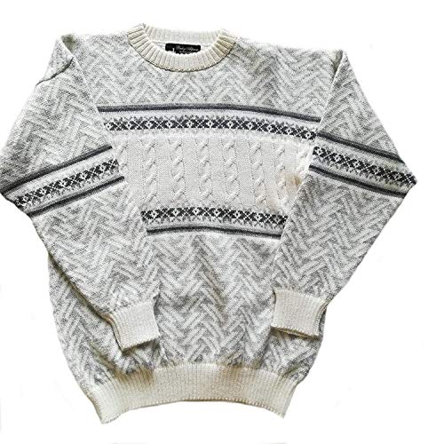 Alpacaandmore Weißer Herren Pullover Strickpullover Norweger Design Peruanische Alpakawolle Rundhals (L) von Alpacaandmore
