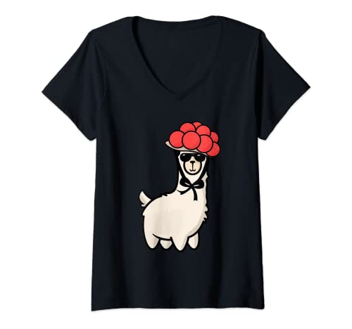 Damen Schwarzwald Bollenhut Lama Sonnenbrille Tradition T-Shirt mit V-Ausschnitt von Alpaka Freiburg Schwaben & Schwarzwälder Geschenke