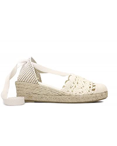 ALPARGATUS Priego Valencianische Espadrilles, gehäkelt, mit mittlerem Keilabsatz und Bandverschluss (handgefertigt in Spanien), Häkchen, roh, 38 EU von Alpargatus