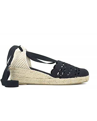 ALPARGATUS Priego Valencianische Espadrilles, gehäkelt, mit mittlerem Keilabsatz und Bandverschluss (handgefertigt in Spanien), Schwarze Häkelnadel, 39 EU von Alpargatus
