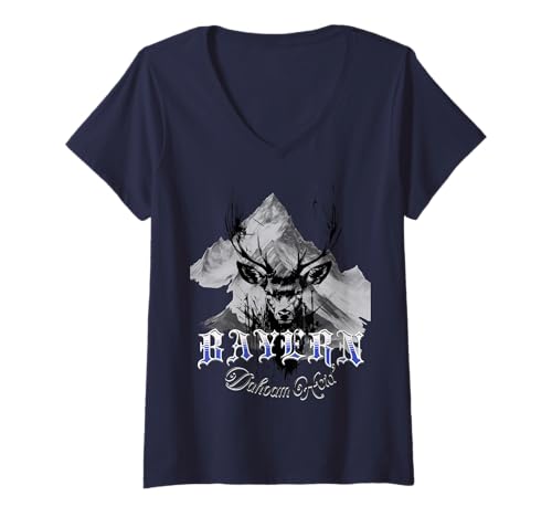 Damen Raute,Bayern,Heimat,Hirsch,Berge,Himmel,Geschenk,Lederhosen T-Shirt mit V-Ausschnitt Damen Raute,Bayern,Heimat,Hirsch,Berge,Himmel,Geschenk,Lederhosen T-Shirt mit V-Ausschnitt von Alpen, Stylisch, Hirschkopf