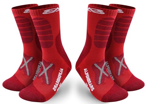 Premium Wandersocken aus Merino Wolle - [2 Paar] - Profi Trekkingsocken zum Wandern - Outdoor Socken für Damen, Herren & Kinder - Warme Merino Wandersocken - Funktionssocken - (Rot, 39-42) von Alpen Bears