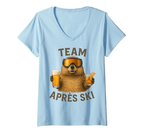 Damen Team Après Ski Murmeltier Skibrille Drinks Party T-Shirt mit V-Ausschnitt von Alpen Humor Après Ski Murmeltier Design