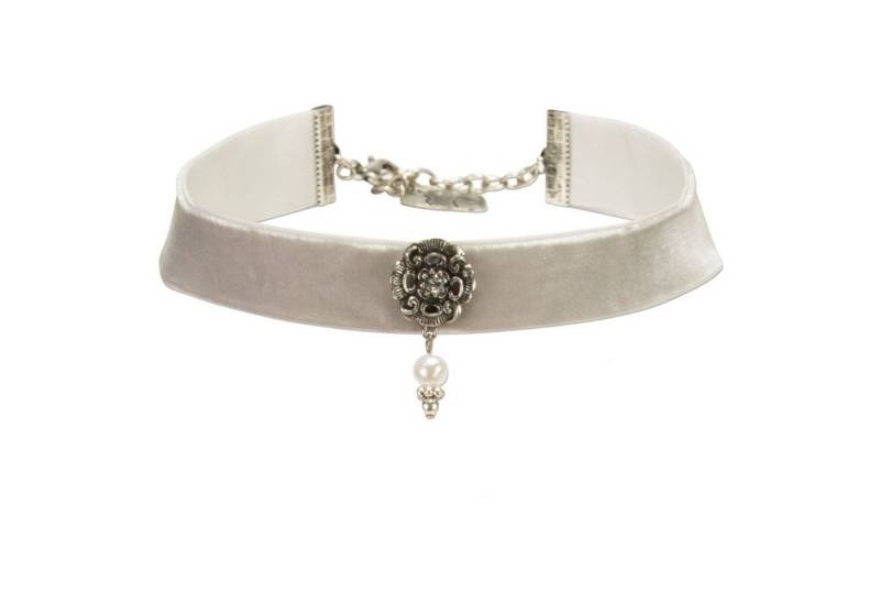 Alpenflüstern Choker Trachten-Samt-Kropfband Elfrida (grau), mit Ornament und Perle - nostalgische Trachtenkette enganliegend, Krop von Alpenflüstern