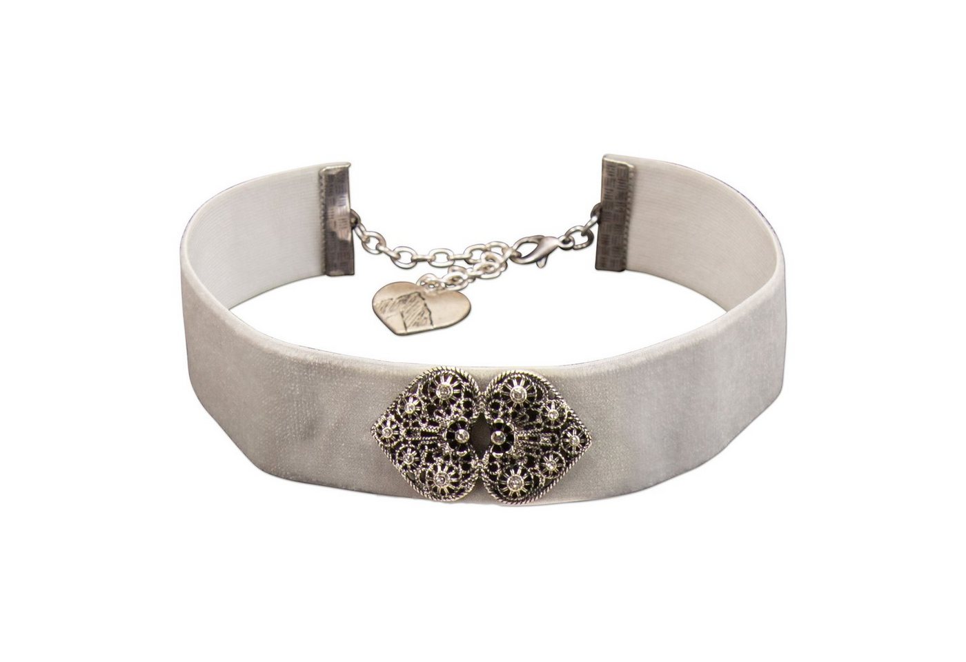 Alpenflüstern Choker Trachten-Samt-Kropfband Ornament-Herzen (grau), - nostalgische Trachtenkette enganliegend, Kropfkette elastisch, Damen-Trachtenschmuck, Samtkropfband breit von Alpenflüstern