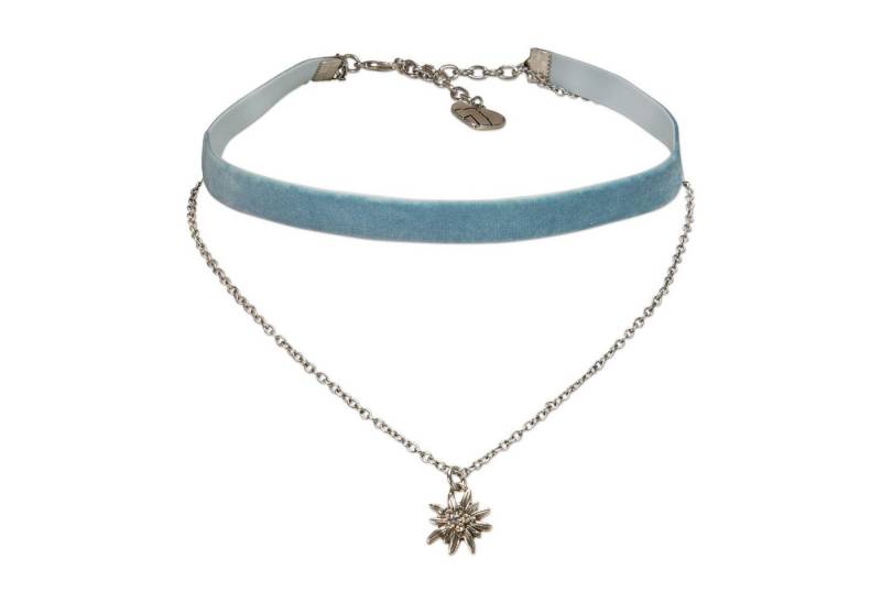 Alpenflüstern Choker Trachten-Samt-Kropfband Strassedelweiss-Kette (hell-blau), - nostalgische Trachtenkette enganliegend, Kropfkette elastisch, Damen von Alpenflüstern