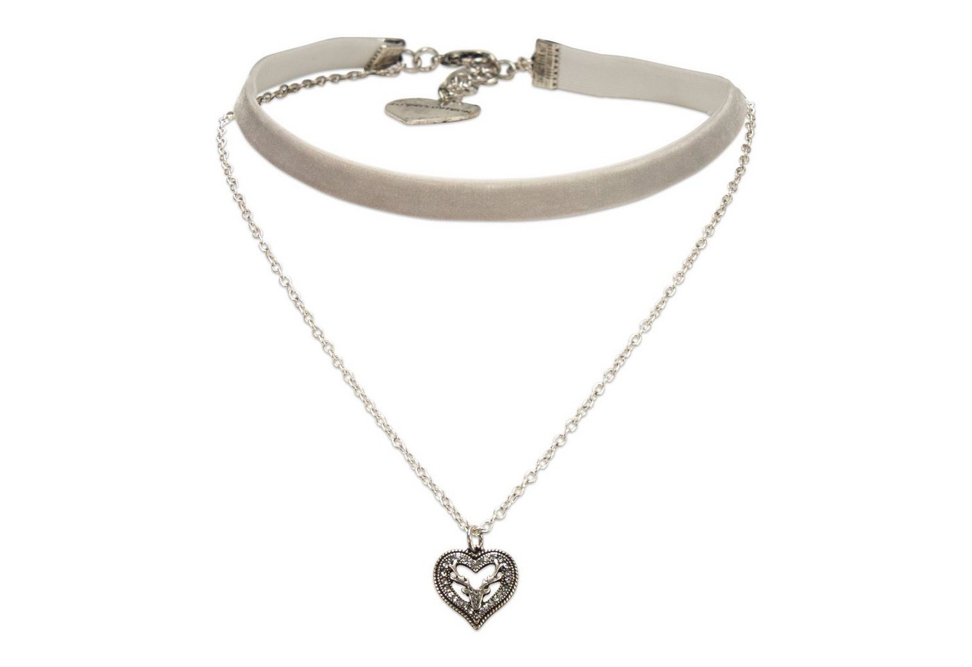 Alpenflüstern Choker Trachten-Samt-Kropfband Strassherz-Hirsch-Kette (grau), - nostalgische Trachtenkette enganliegend, Kropfkette elastisch, Damen-Trachtenschmuck, Samtkropfband schmal von Alpenflüstern