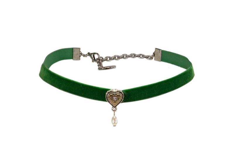 Alpenflüstern Choker Trachten-Samtkropfband Trachtenherz mit Tropfenperle (waldgrün), - Trachtenkette enganliegend, Kropfkette elastisch, Damen-Trachtenschm von Alpenflüstern