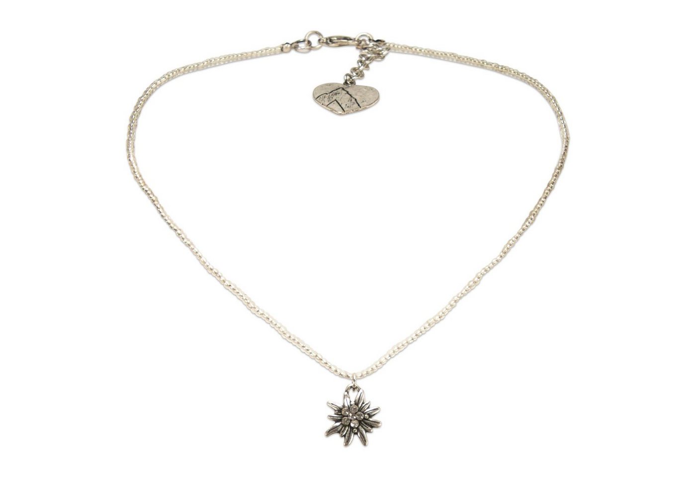 Alpenflüstern Collier Filigran Perlen-Trachtenkette Strass-Edelweiß (klar-kristall), - Damen-Trachtenschmuck mit antik-silber-farbenem Edelweiss, Dirndlkette von Alpenflüstern