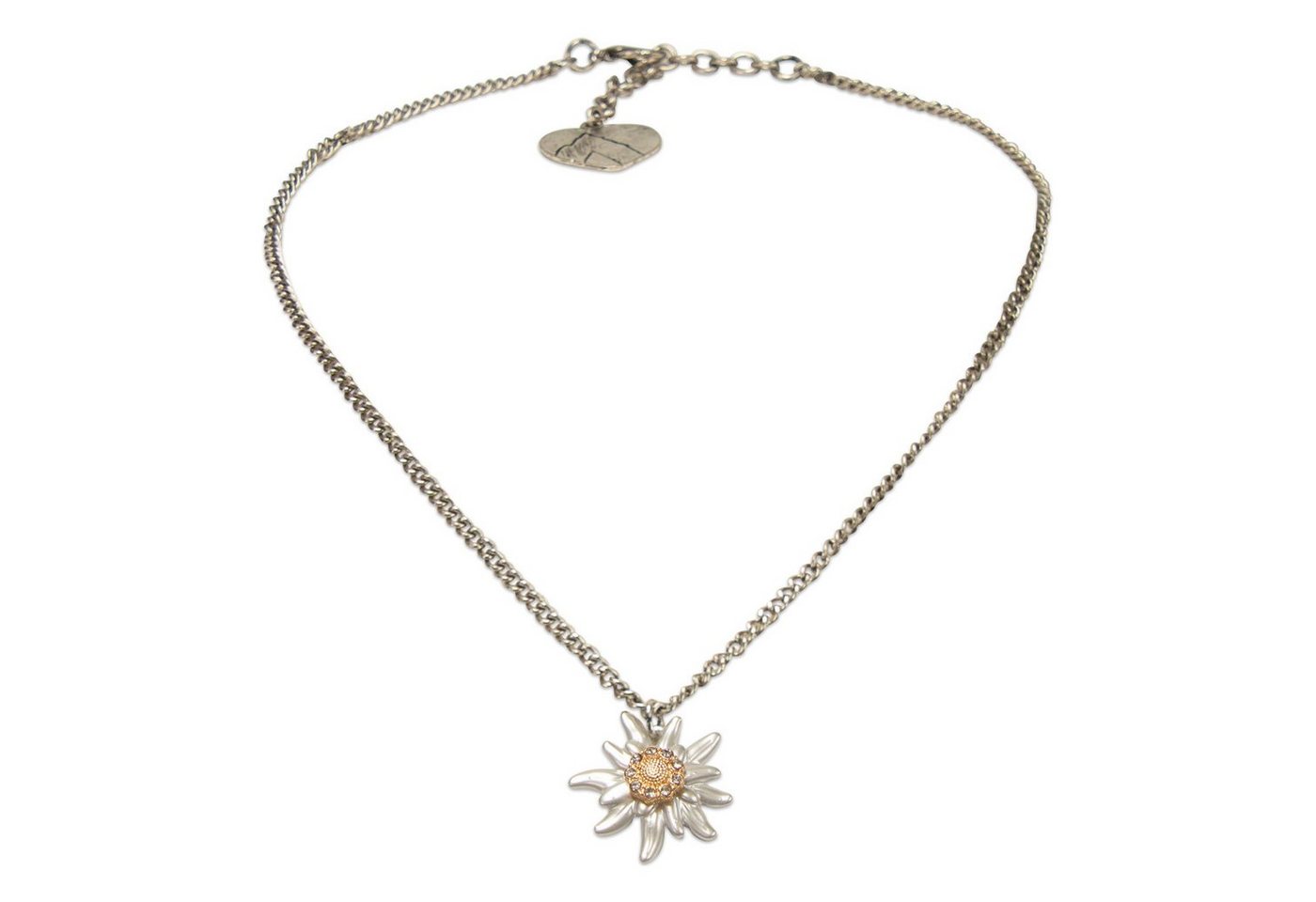 Alpenflüstern Collier Metall-Trachtenkette Greta mit Strass-Edelweiß klein (antik-silber-farben), - Damen-Trachtenschmuck Dirndlkette von Alpenflüstern