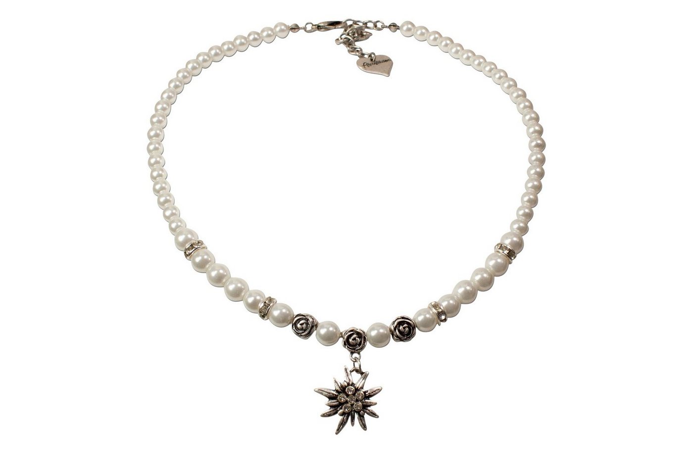 Alpenflüstern Collier Perlen-Trachtenkette Fiona mit Strass-Edelweiß klein (creme-weiß), - Damen-Trachtenschmuck Dirndlkette von Alpenflüstern