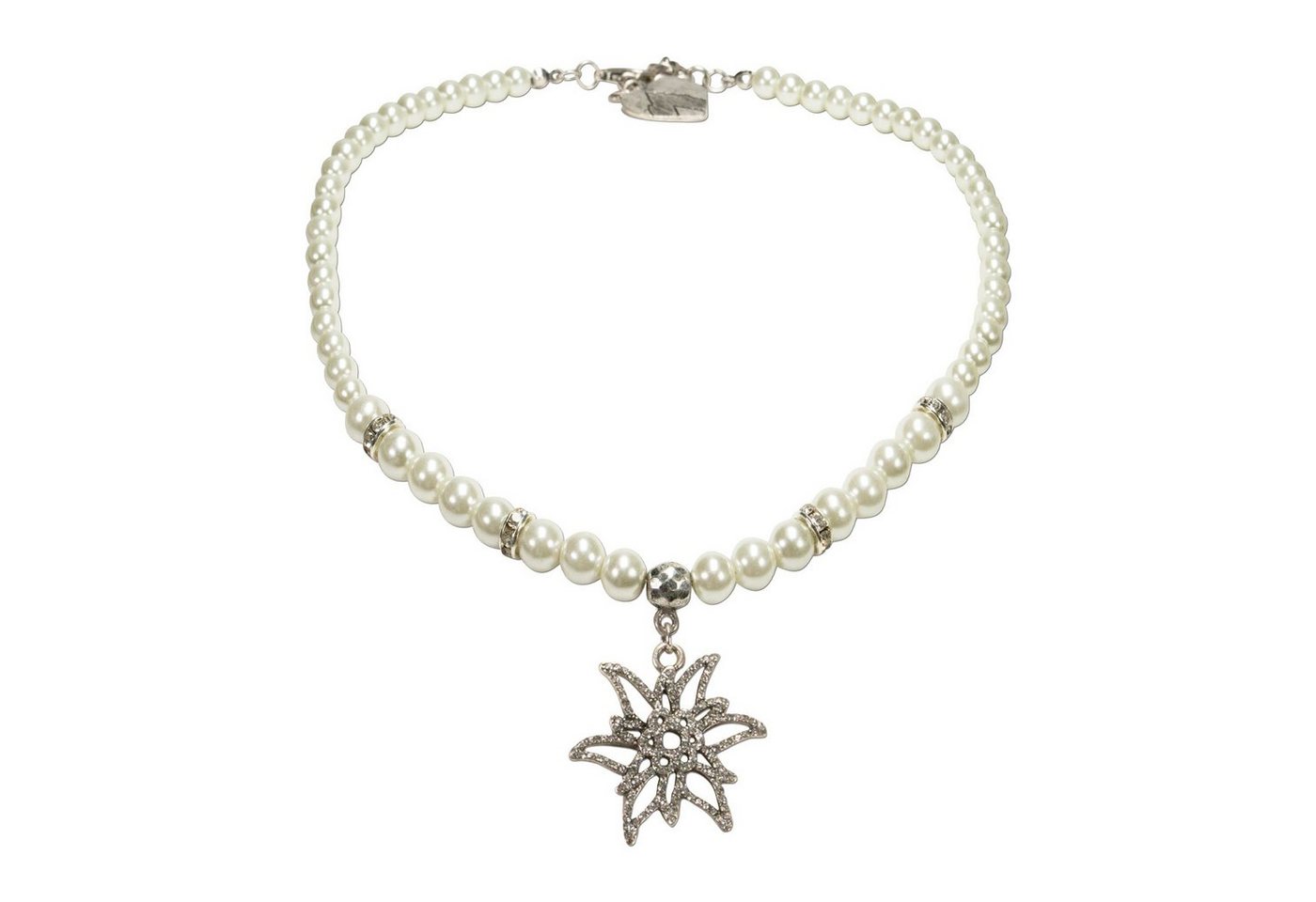 Alpenflüstern Collier Perlen-Trachtenkette Glitzer-Edelweiß (creme-weiß), - Damen-Trachtenschmuck mit mit filigranem Strass-Edelweiß, elegante Dirndlkette von Alpenflüstern