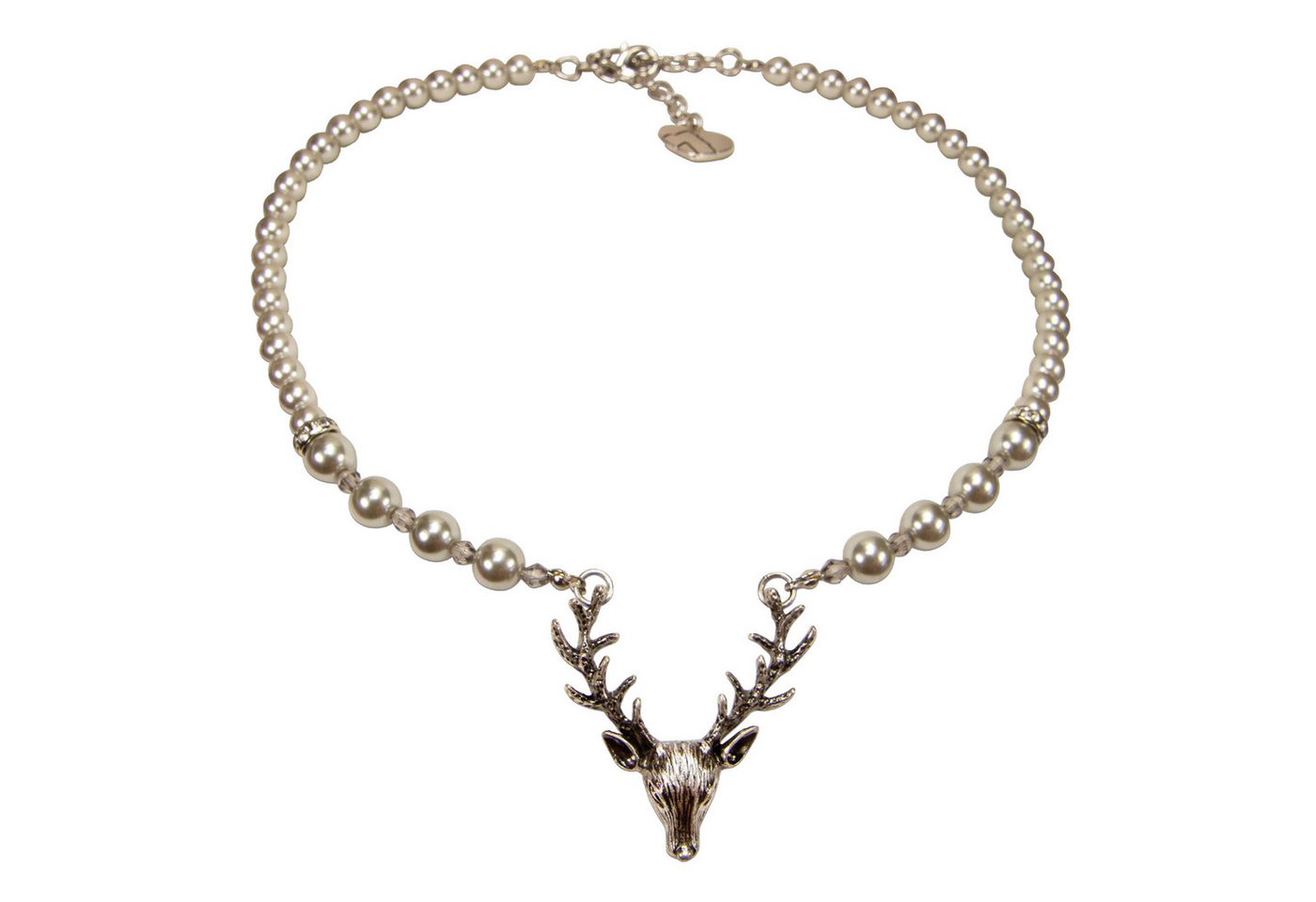 Alpenflüstern Collier Perlen-Trachtenkette Hirsch (silber-grau), - Damen-Trachtenschmuck mit Hirsch-Geweih, elegante Dirndlkette von Alpenflüstern